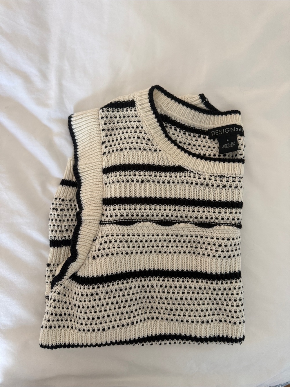 Design365 flutter sleeve Cream and Black Striped Open-Knit Crew Sweater - Picture 7 of 7